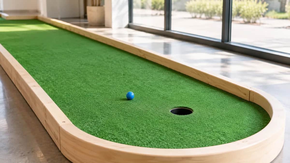 Uncluttered indoor mini golf lane with pale wooden edging, one blue ball, and soft natural window light