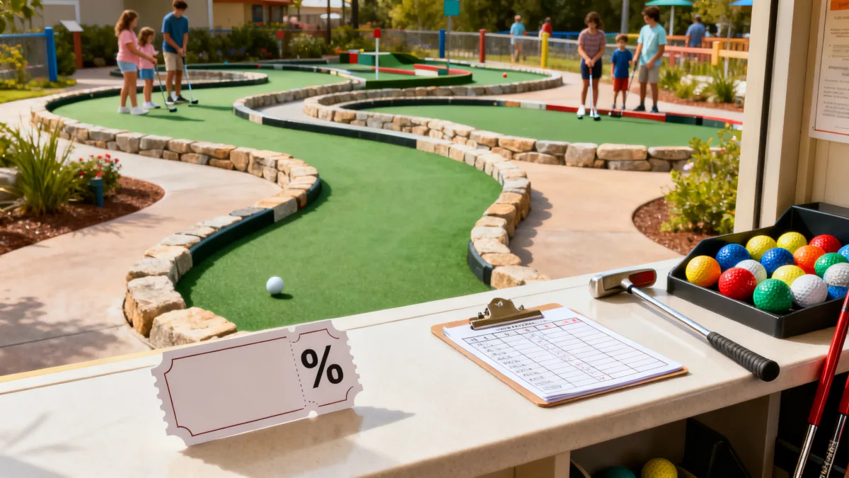 Outdoor mini golf course with putters, balls, scorecard, and a generic coupon ticket