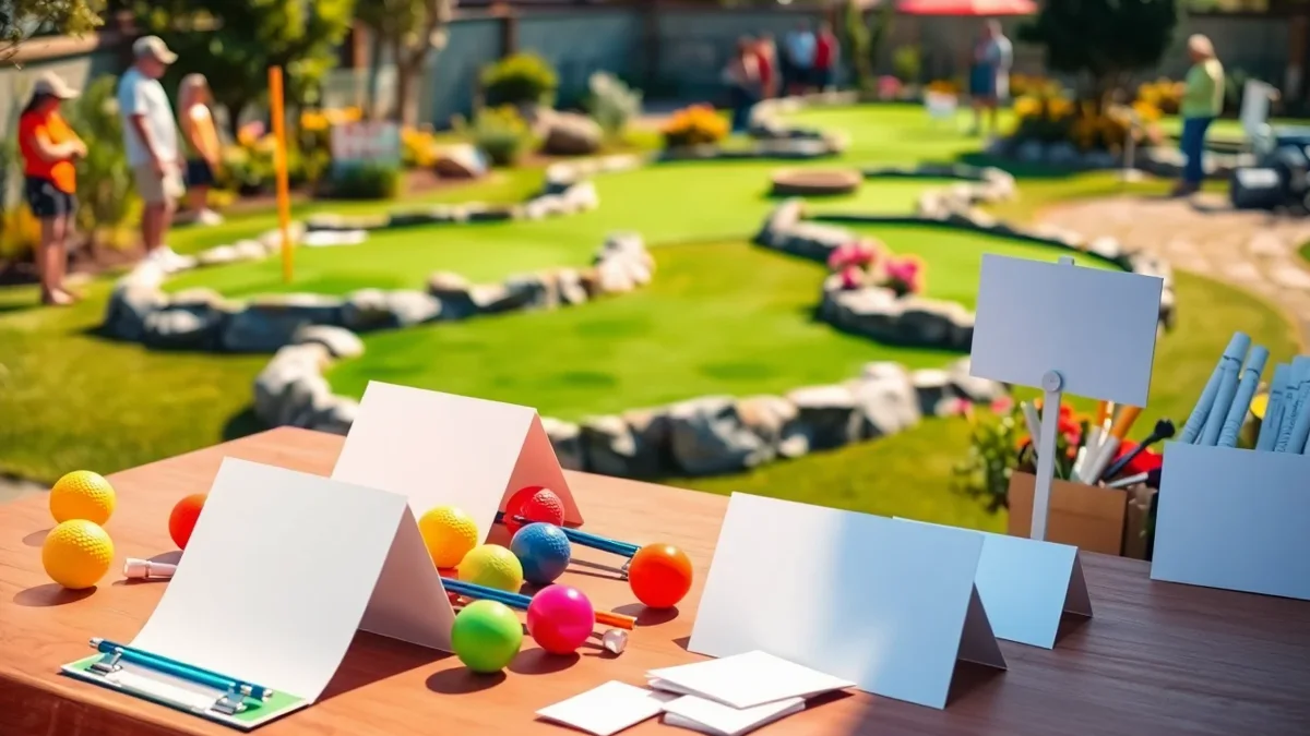 Mini golf fundraiser check-in table beside a colorful outdoor putting course with sponsor signs, scorecards, putters, and families in the background