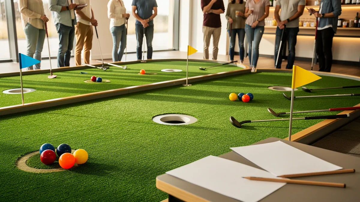 Indoor mini golf league night with teams, scorecards, putters, colorful balls, and players waiting near a putting lane