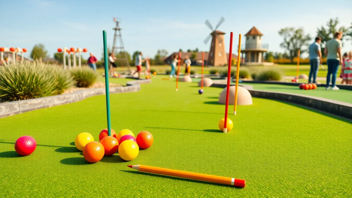 Colorful mini golf balls, putters, and pencils on a bright outdoor putting course with groups playing in the background