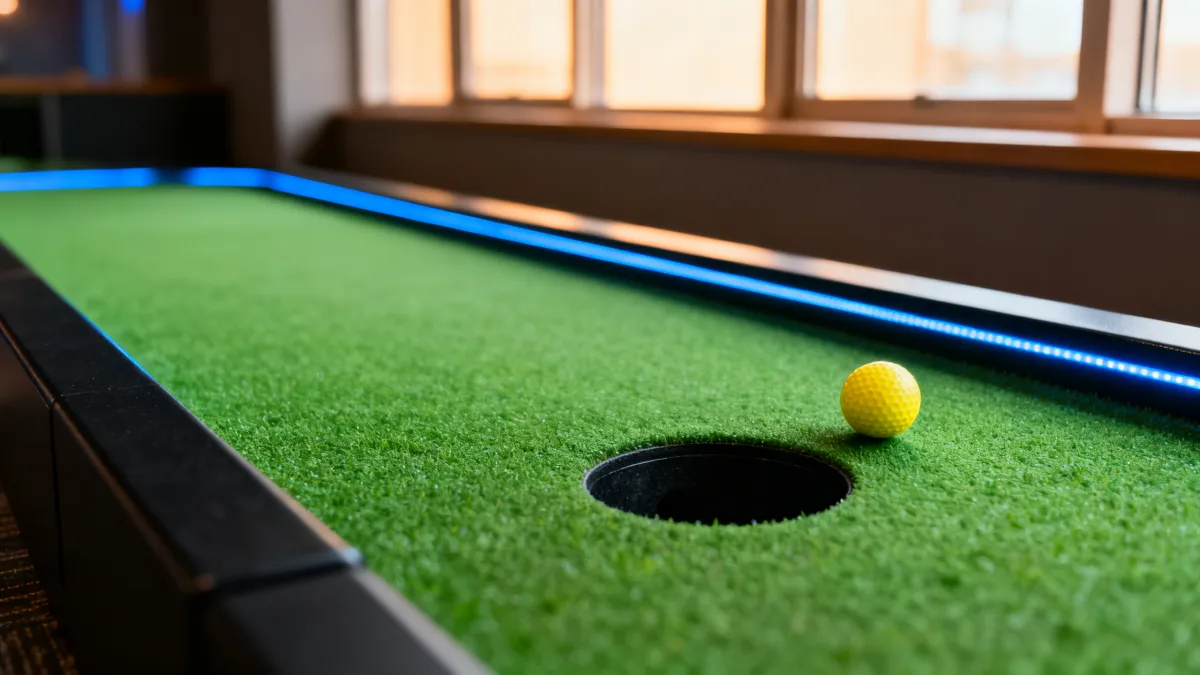 Indoor miniature golf lane with green turf, a circular black putting hole, neon edge lighting, and one yellow ball
